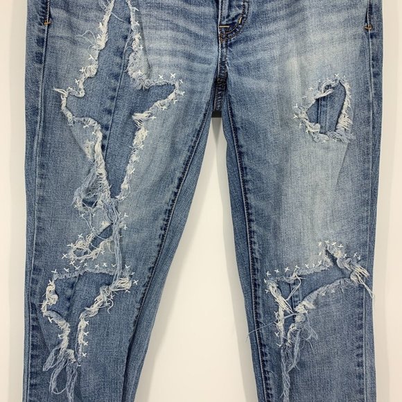 American Eagle Jeans Boy Crop Button Fly Blue Distressed Denim - Picture 6 of 12